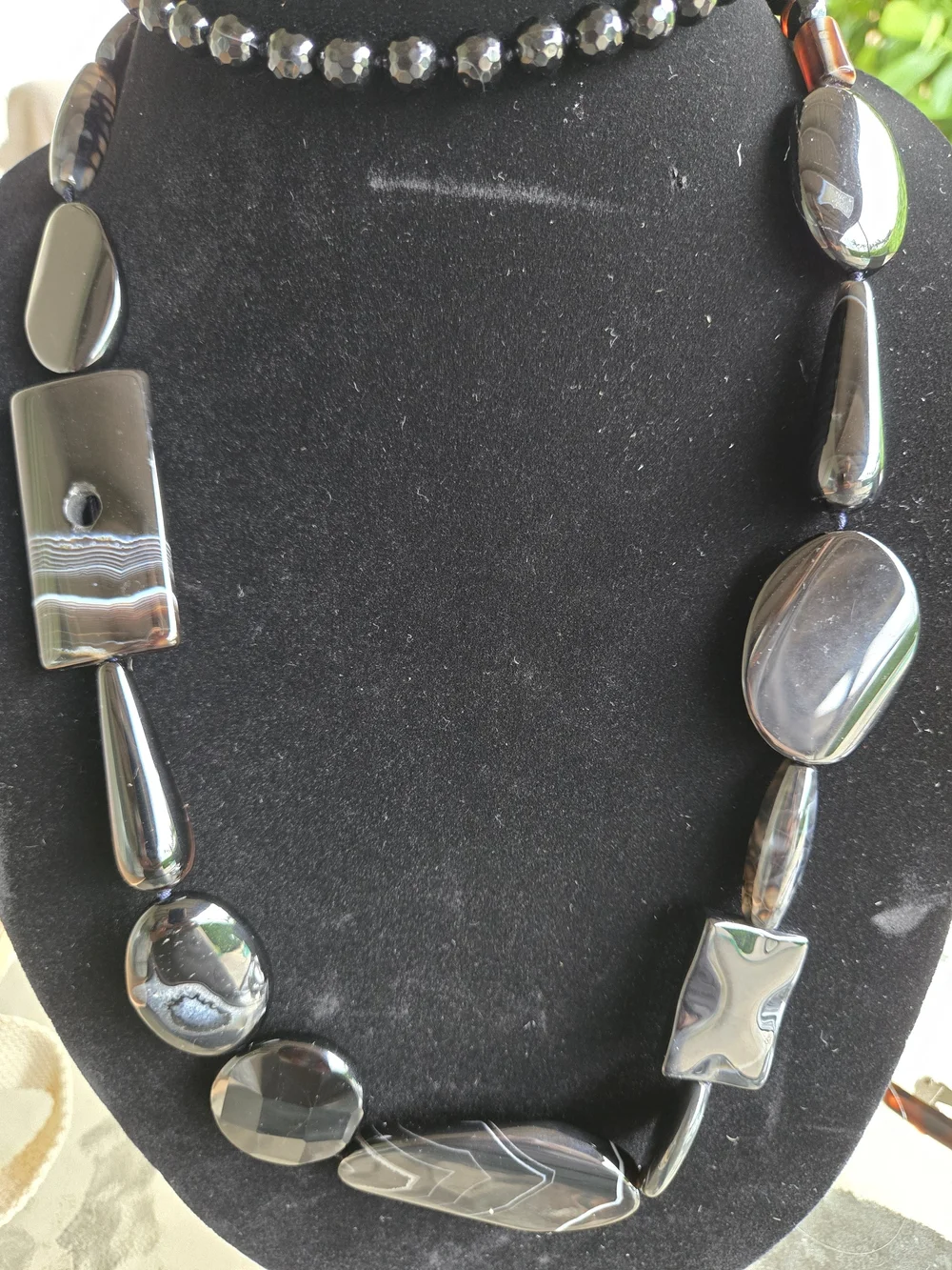 Natural Black Banded Agate Long Statement Necklace Mixed-Shape Beads Inclusions